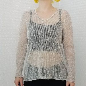 Eileen Fisher cream open knit leather trim top